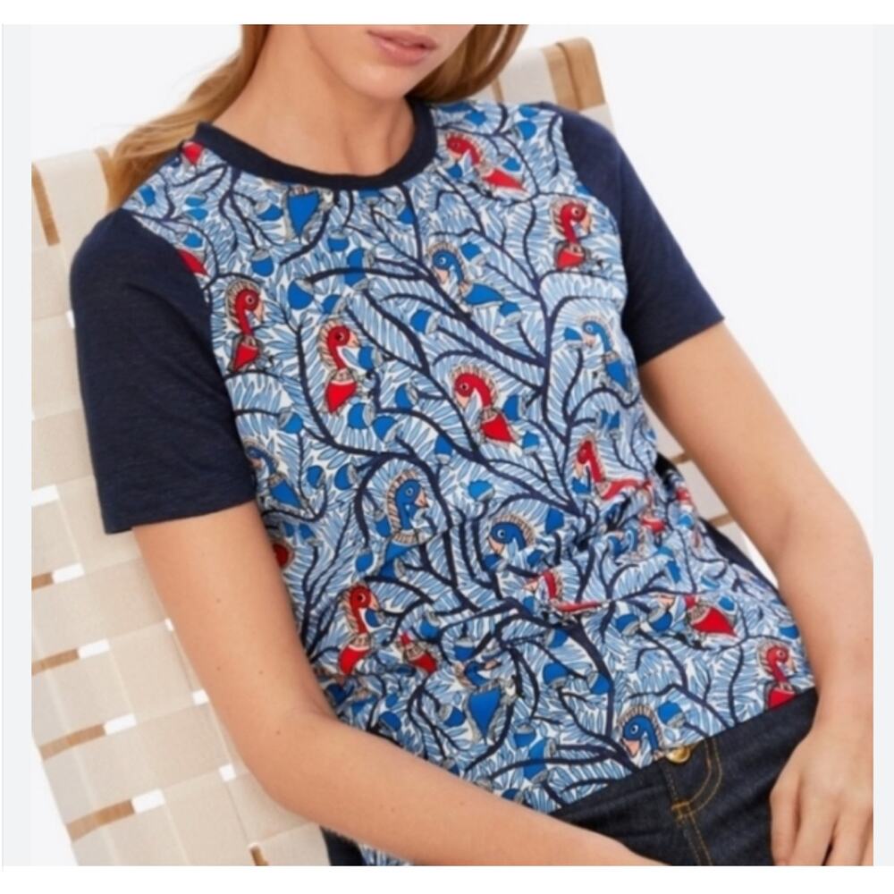 Tory Burch Women's Wild Thing Front Linen T-Shirt Top Navy Blue Red Size XL
